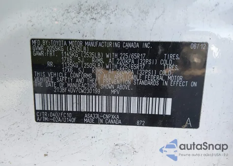 2012 Toyota Rav4 from USA, damaged, VIN 2T3BF4DV7CW230199